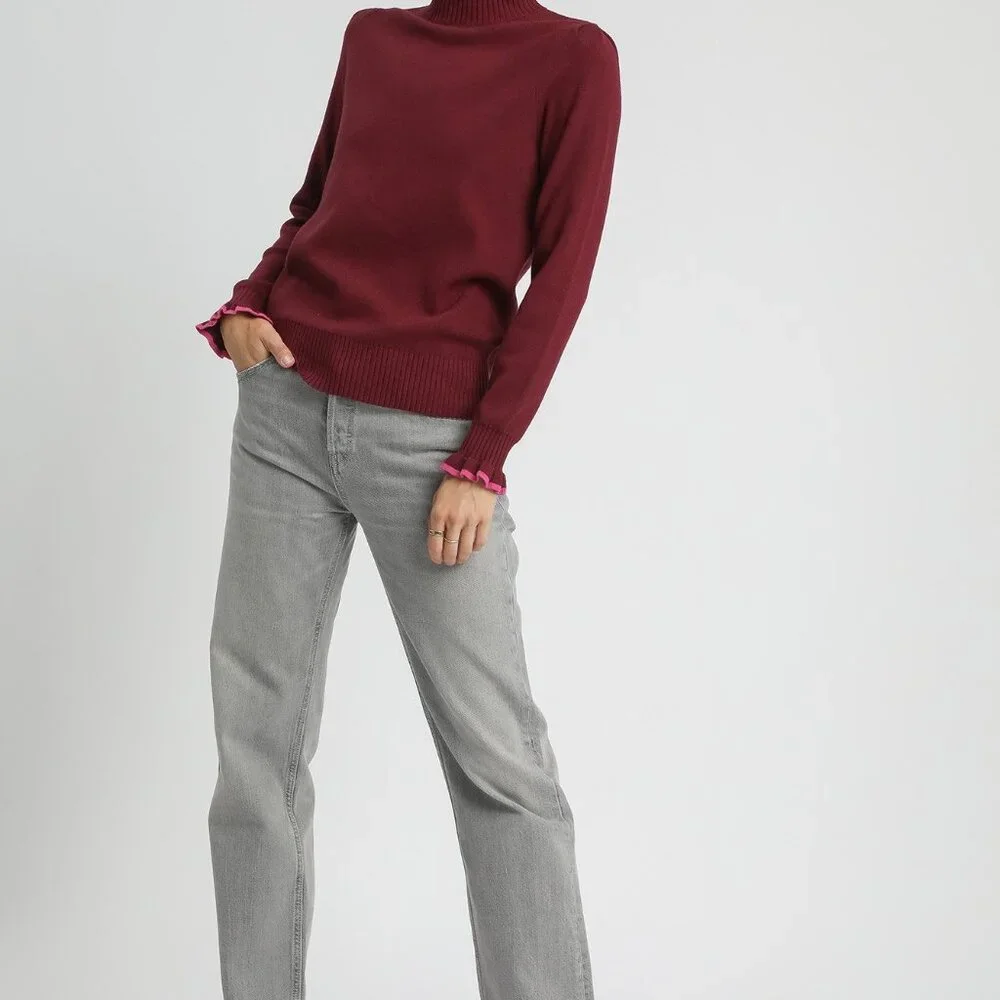 Umgee Ribbed Round Neck Sweater‎ with Ruffle Contrast Trim - Picture 5 of 6